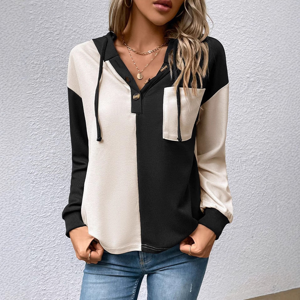 Damen nan Waffelstrick-Hoodie mit Henley-Knöpfen, Brusttasche und Kapuze Echo Archiv