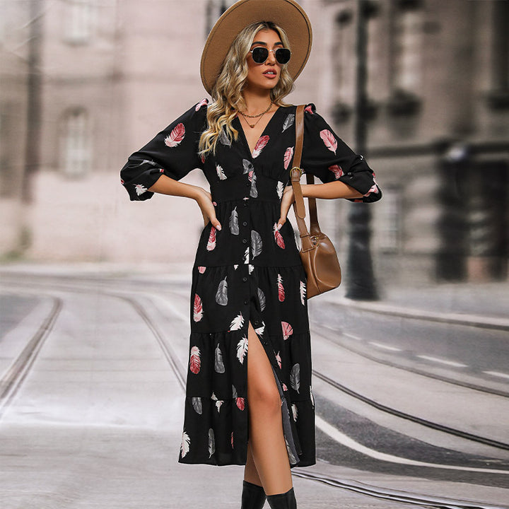 Damen Langarm Kleid mit Federprint Echo Archiv