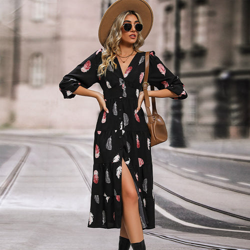 Damen Langarm Kleid mit Federprint Echo Archiv