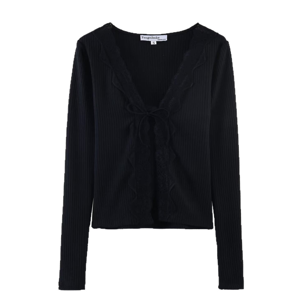 Damen Geripptes Cropped-Langarmtop mit Spitzen-V-Ausschnitt und Bindeband Echoarchiv