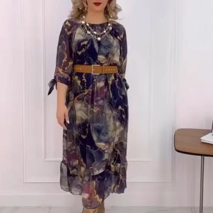 Damen Elegantes Chiffon Maxikleid mit floralen Akzenten, gestuftem Rock und 3/4-Ärmeln Echoarchiv