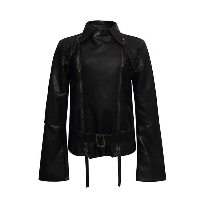 Damen Kunstleder-Bondagejacke mit verlängerten Ärmeln, Doppel-Reißverschlüssen und Taillengürtel Echoarchiv