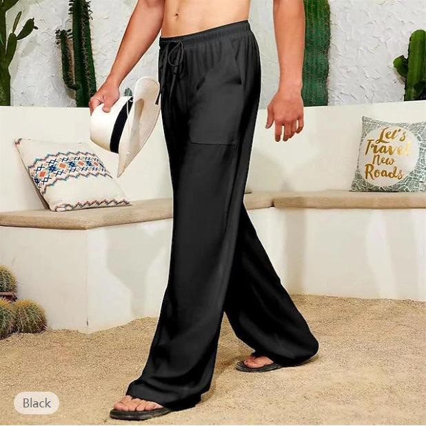 Herren weite Leinenhose mit Tunnelzug, aufgesetzten Seitentaschen und Relaxed-Fit – Sorevano