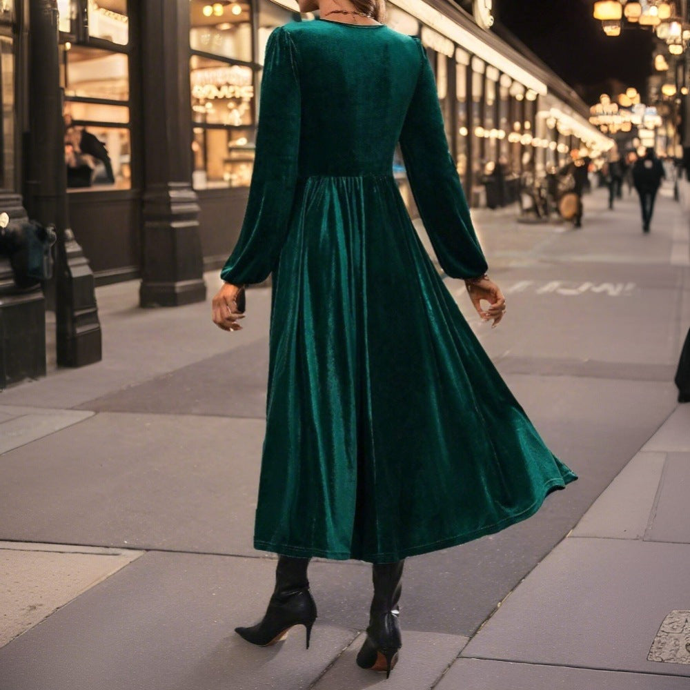 Damen Midikleid aus Samt mit gedrehtem Bustier und schwingendem Tellerrock – Élara