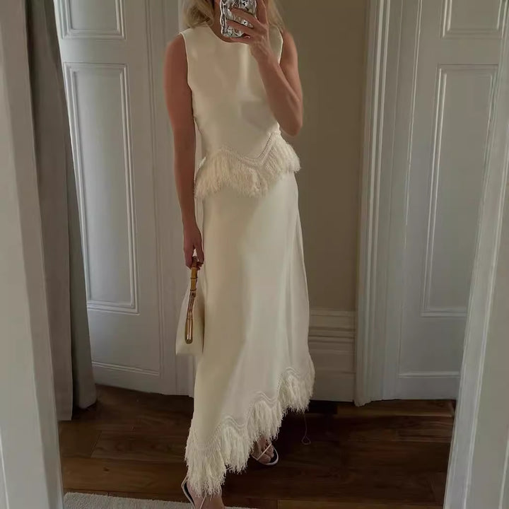Damen Elegantes Maxikleid mit Fransenbesatz und feinem Saum Echo Archiv