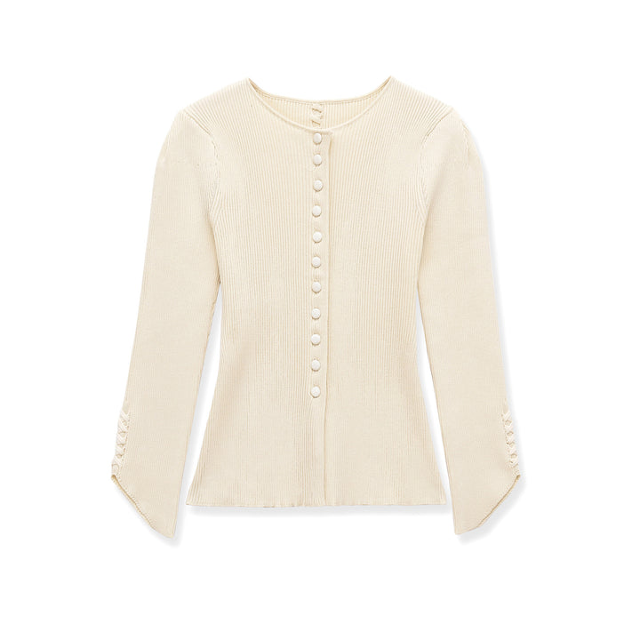 Damen Feinstrick-Cardigan mit durchgehender Knopfleiste, taillierter Rippenstruktur und geschwungenem Saum Echoarchiv