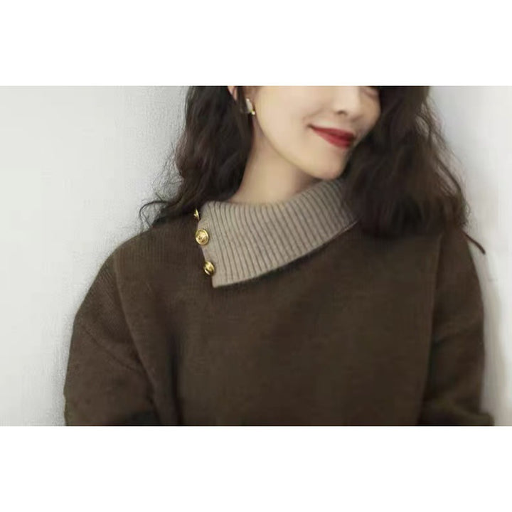Damen Kurzgeschnitteter Pullover mit asymmetrischem Knopf‑Mockneck und Ballonärmeln Echoarchiv