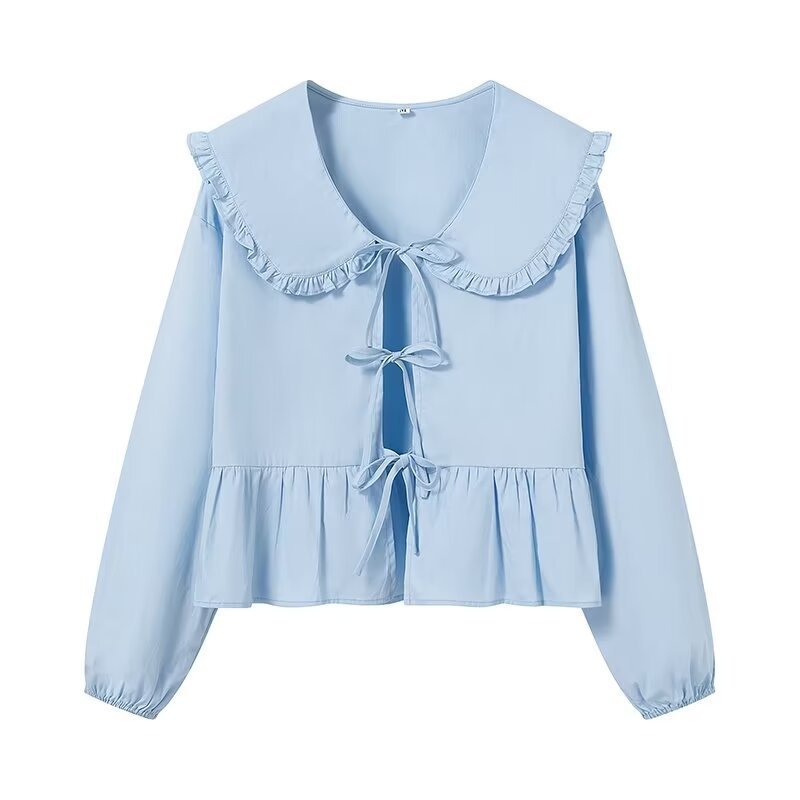 Damen Rüschige Cropped-Bluse mit übergroßem Kragen, Bindebändern und tailliertem Peplum Echo Archiv
