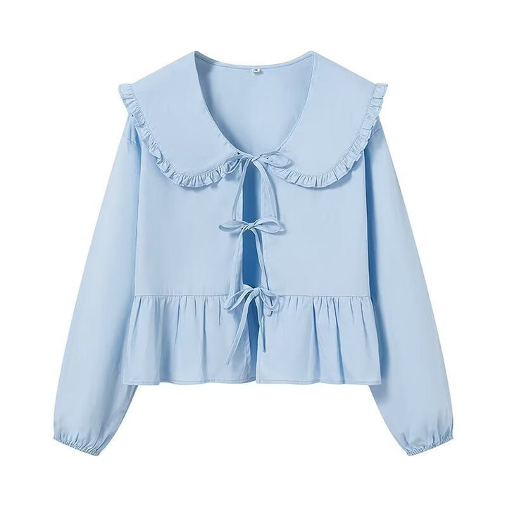 Damen Rüschige Cropped-Bluse mit übergroßem Kragen, Bindebändern und tailliertem Peplum Echo Archiv