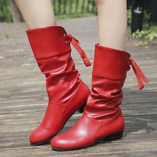 Damen  knielange Stiefel mit rückseitiger Schnürschleife, gerafftem Schaft und flachem Blockabsatz Echo Archiv