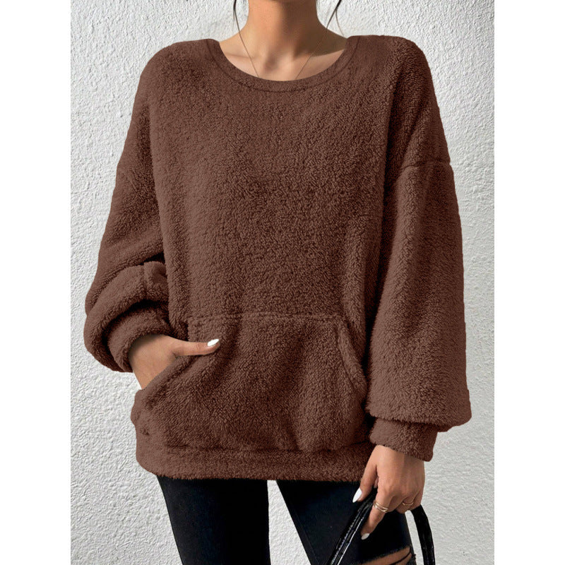 Damen Kuscheliger Oversize-Sherpa-Pullover mit Kängurutasche und Ballonärmeln Echo Archiv