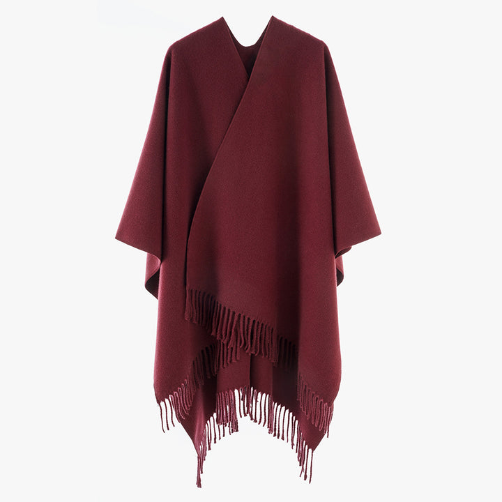 Damen Minimalistischer Wickel‑Capeponcho aus Wollmix mit V‑Ausschnitt und zartem Fransensaum – Avérine