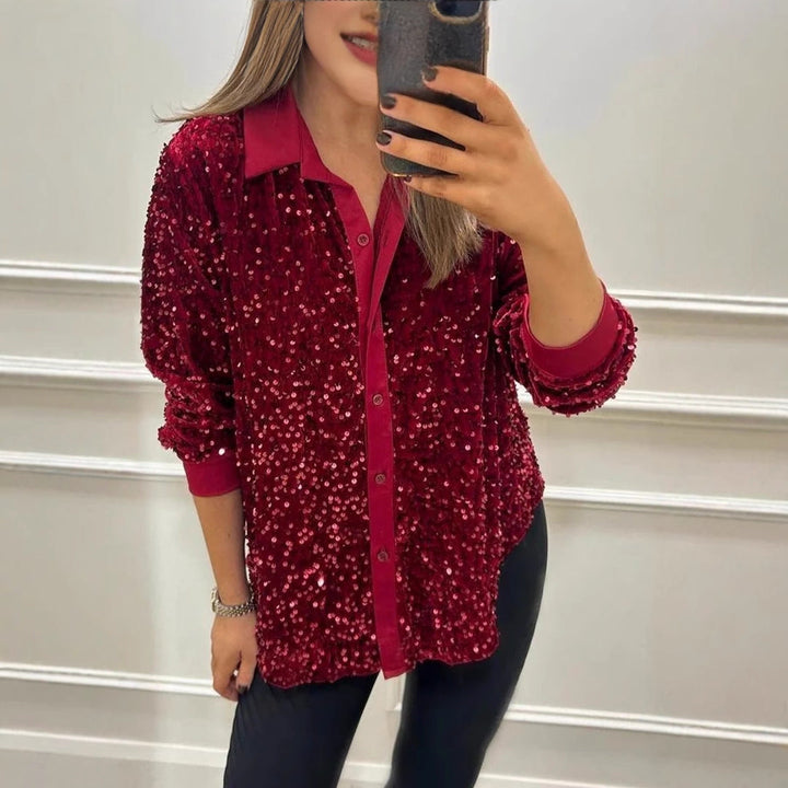 Damen Glitzernde Bluse aus Pailletten mit klassischem Kragen Echoarchiv