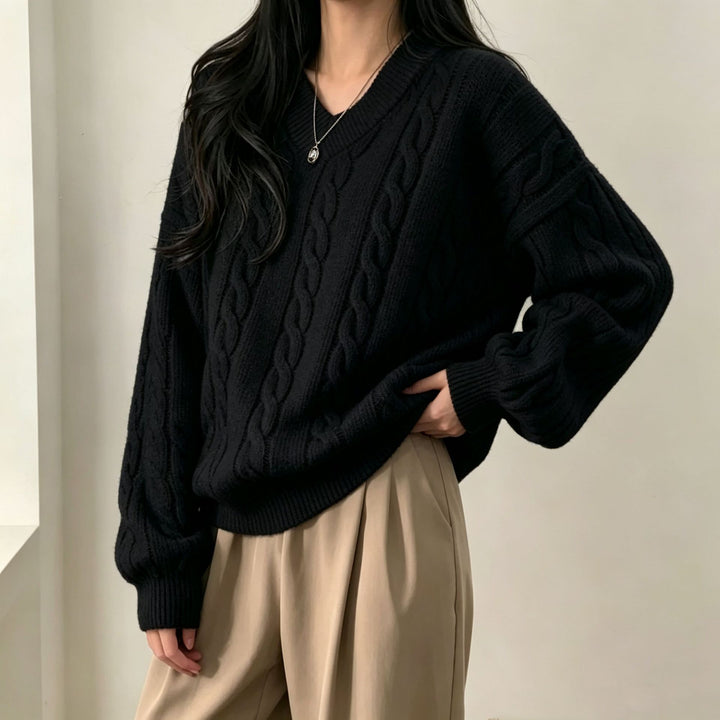 Damen Oversize Zopfmuster V-Ausschnitt Strickpullover mit überschnittener Schulter – Mavelle