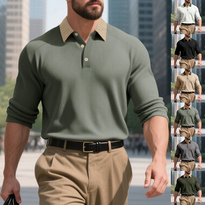 Herren elegantes Poloshirt mit strukturiertem Stehkragen und Knopfleiste Echoarchiv