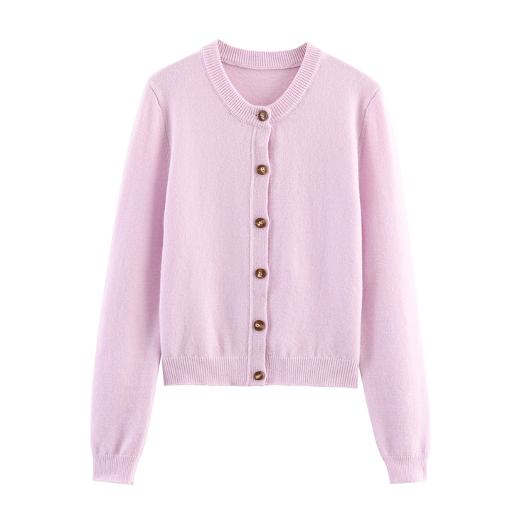 Damen feiner Knopfcardigan mit Rundhalsausschnitt, durchgehender Knopfleiste, geripptem Saum und schmaler Silhouette – Veloura