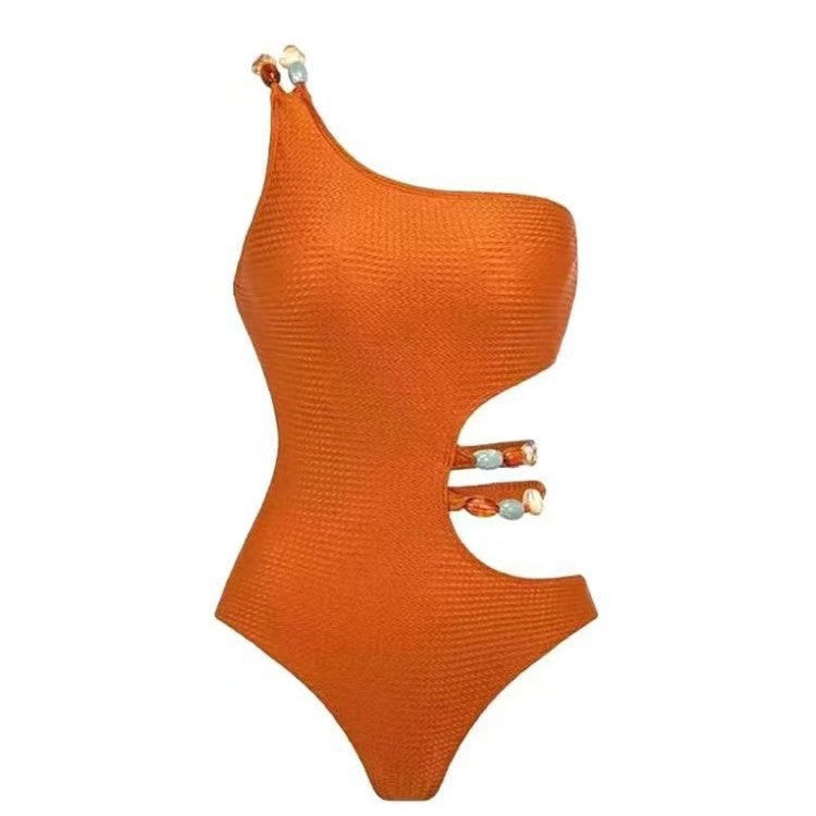 Damen Einteiler Badeanzug mit asymmetrischem Schnitt und floralem Wickelrock Echo Archiv