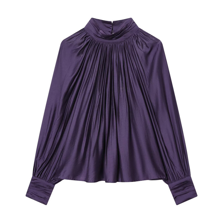 Damen Plissierte Satinbluse mit Stehkragen und Ballonärmeln Echoarchiv