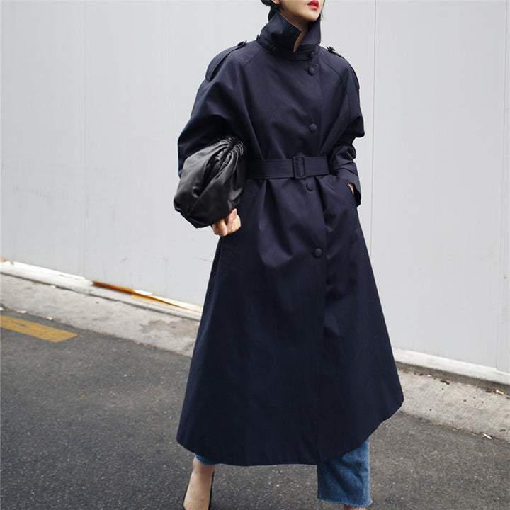 Damen Langgeschnittener Trenchcoat mit Taillengürtel und Stehkragen Echoarchiv