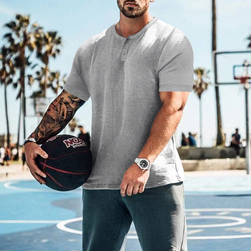 Herren lässiges Kurzarm-Henley-T-Shirt aus atmungsaktiver Baumwolle mit Knopfdetails Echoarchiv