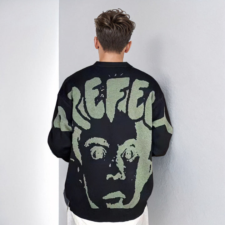 Herren Oversized Grafik‑Intarsienpullover mit tiefem Rückmotiv und Rundhalsausschnitt Echoarchiv