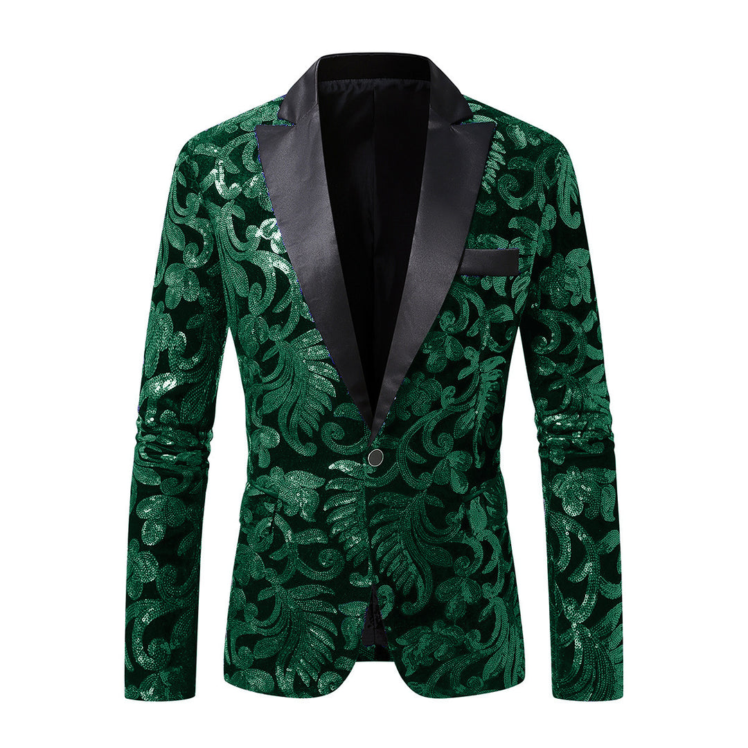 Herren Eleganter Pailletten-Blazer mit floralem Muster und satinierter Oberfläche Echoarchiv