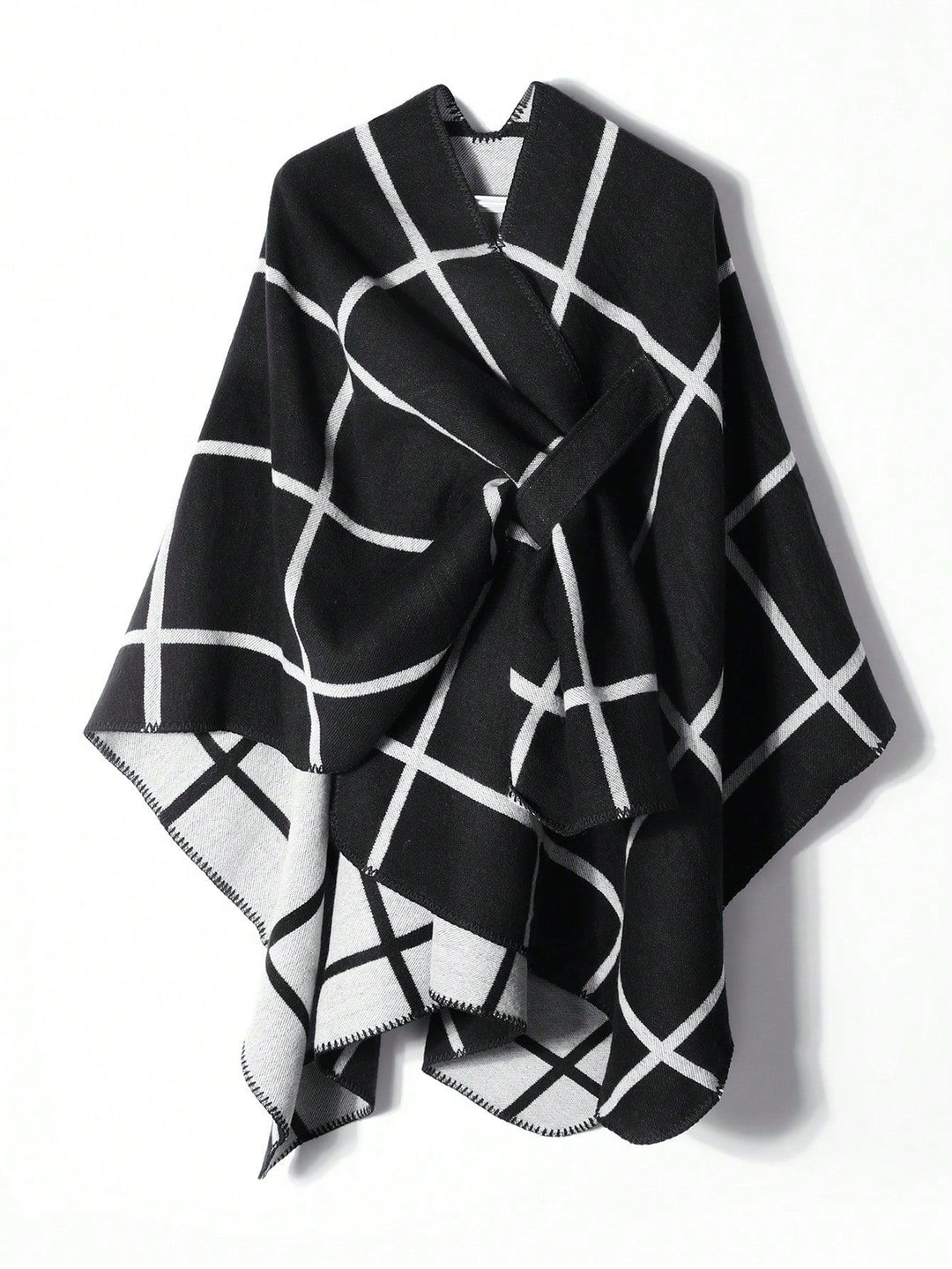 Damen Offener Wollmix-Poncho im Cape‑Stil mit dezentem Karomuster – Avérine