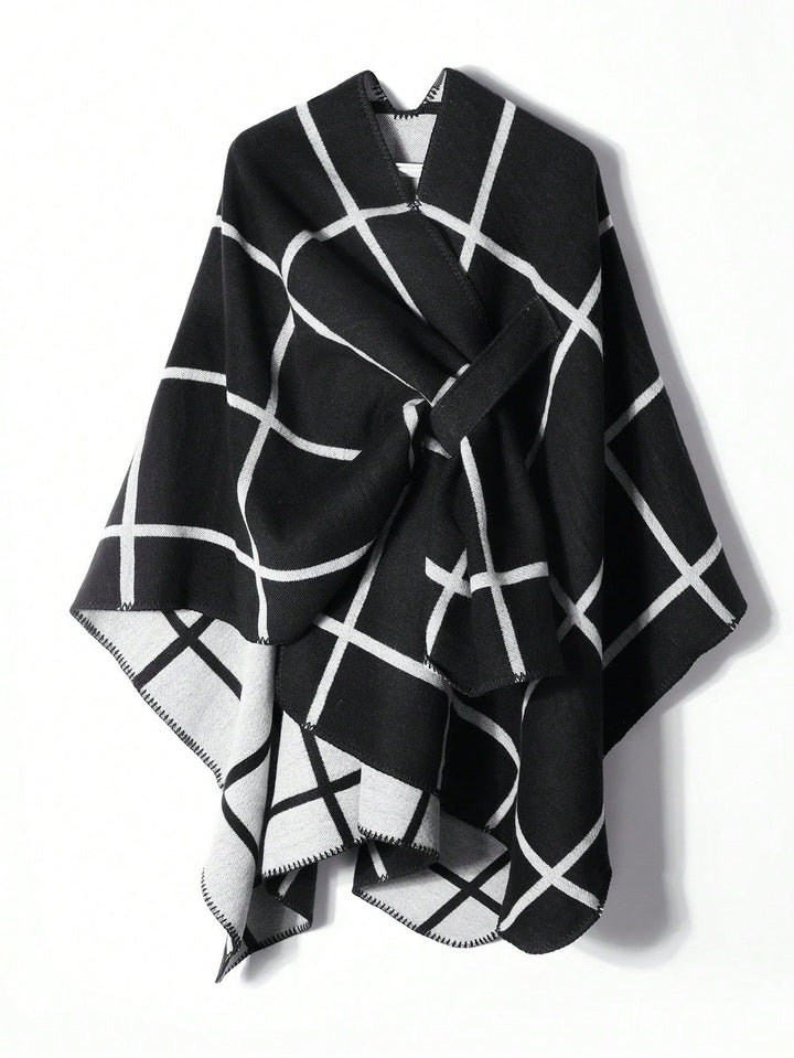 Damen Offener Wollmix-Poncho im Cape‑Stil mit dezentem Karomuster – Avérine
