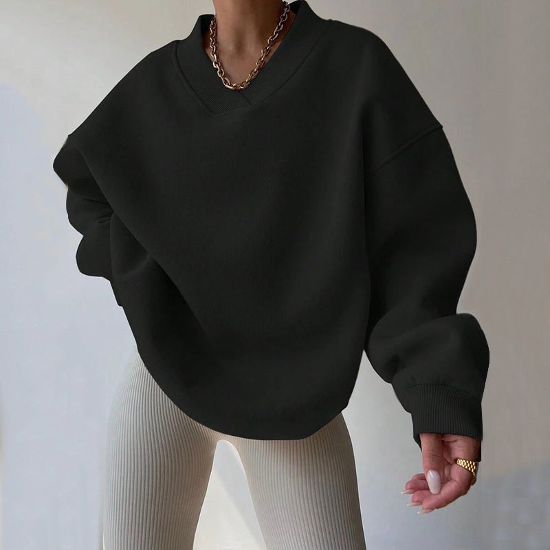 Damen Oversized V-Ausschnitt Sweatshirt mit verstärktem Rippkragen und extraweitem Cut – Avérine