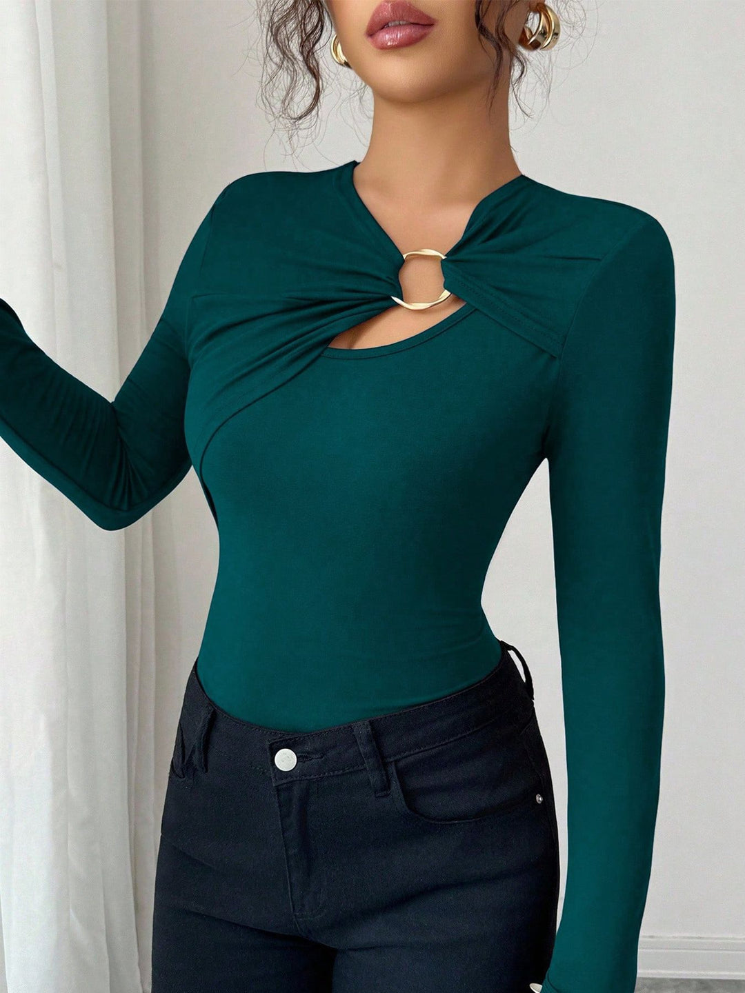 Damen nan figurbetonter Langarm-Body mit Leopardenprint und Zier-Ring Echo Archiv