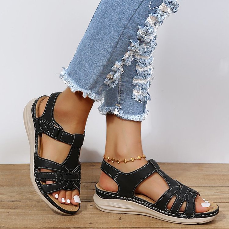 Damen Komfort-Sandalen mit Soft-Leder, geflochtenem Vorderblatt und verstellbarem Klettverschluss – Sorelia