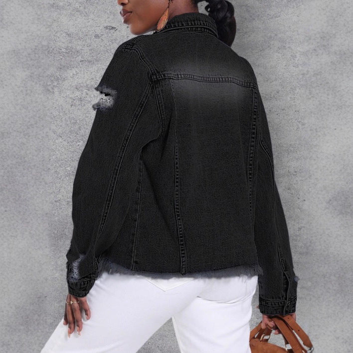 Damen Distressed Denimjacke mit ausgefranstem Saum und Relaxed-Fit Echo Archiv
