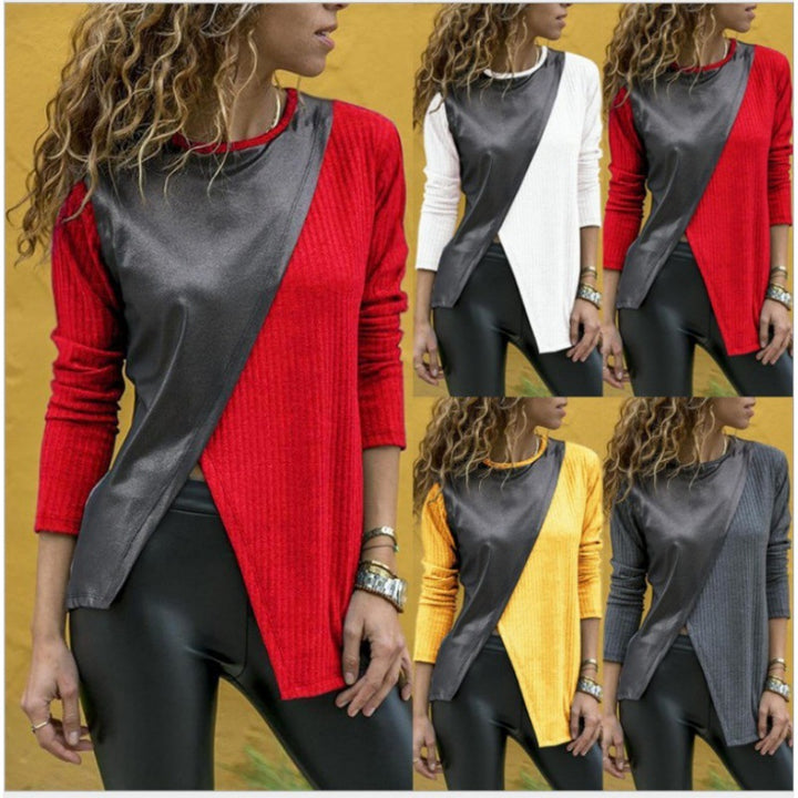 Damen Asymmetrisches Longsleeve mit Lederoptik‑Overlay und Rippstrick – Avérine