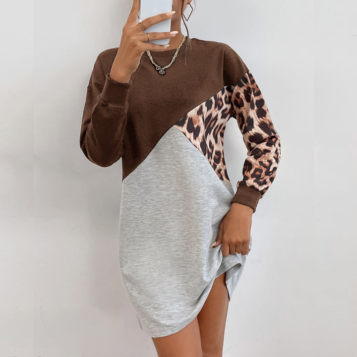Damen Oversize-Sweatkleid mit Colorblock-Design und Leopardenärmeln Echoarchiv