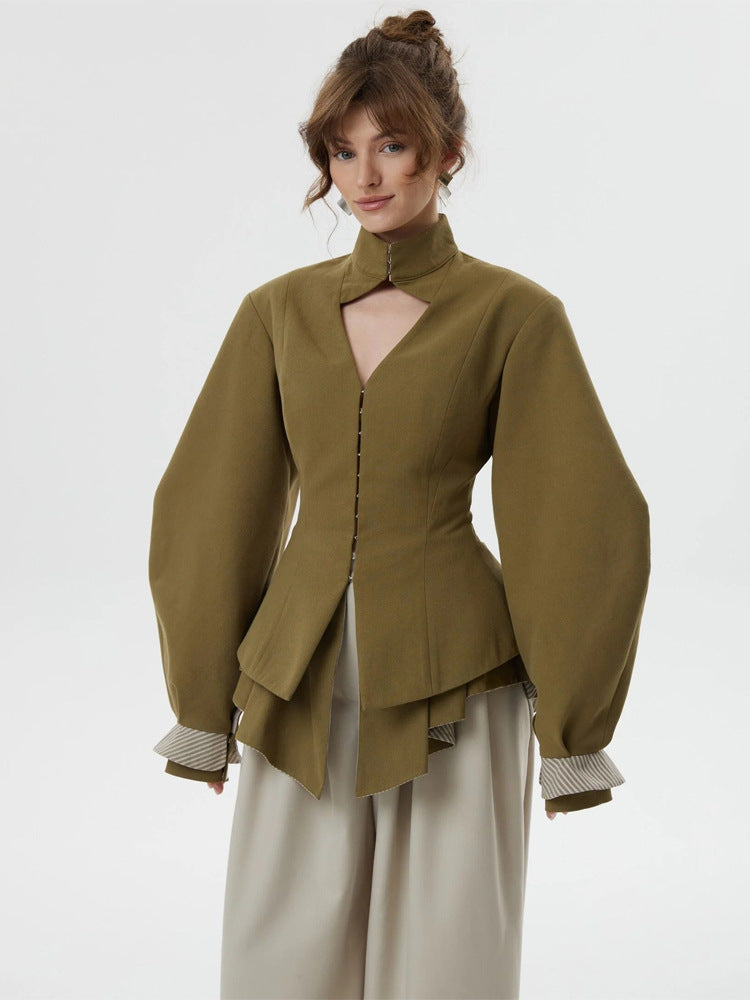 Damen taillierte Jacke mit Stehkragen, Cut-Out und Ballonärmeln Echoarchiv