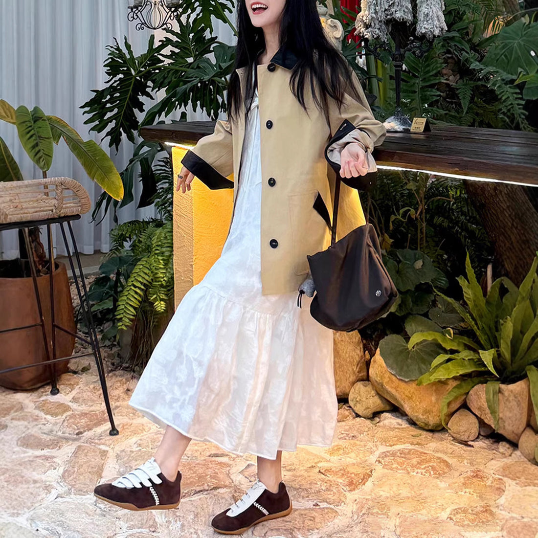 Damen Modische Oversized-Jacke mit Lederdetails Echoarchiv