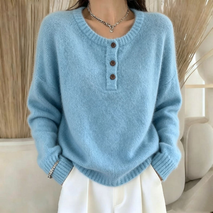 Damen Kuscheliger Rundhals-Henley-Pullover mit Knopfleiste und Raglanärmeln – Mavelle