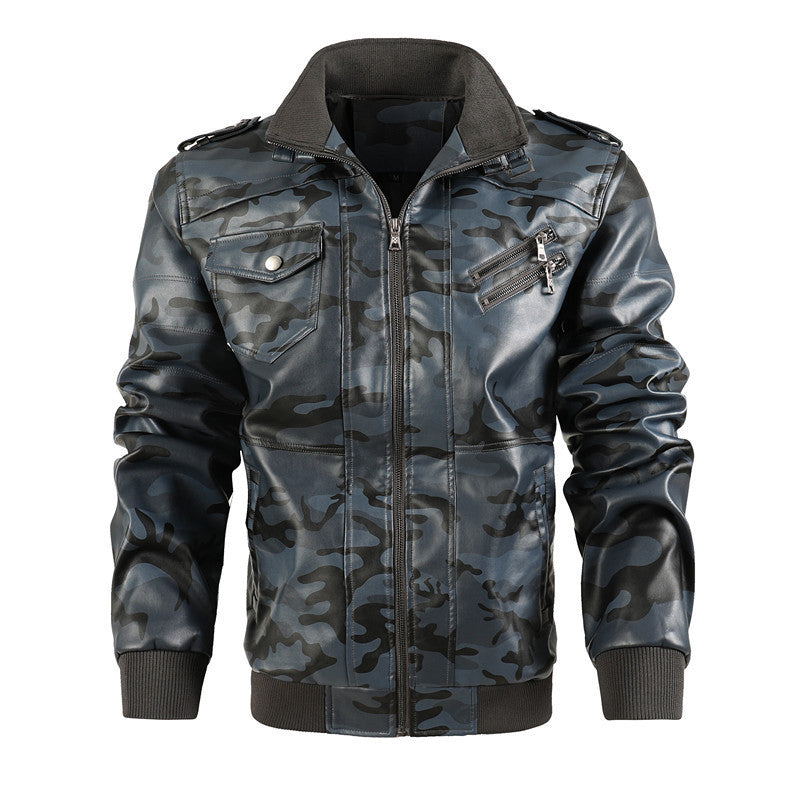 Herren Camouflage Kunstleder-Bomberjacke mit Reißverschluss-Brusttaschen und Rippbündchen – Brevano