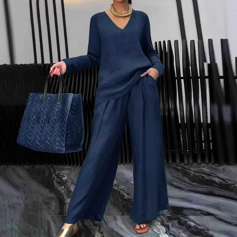 Damen Feiner V-Ausschnitt Strickpullover mit fließender Palazzo-Hose Echo Archiv