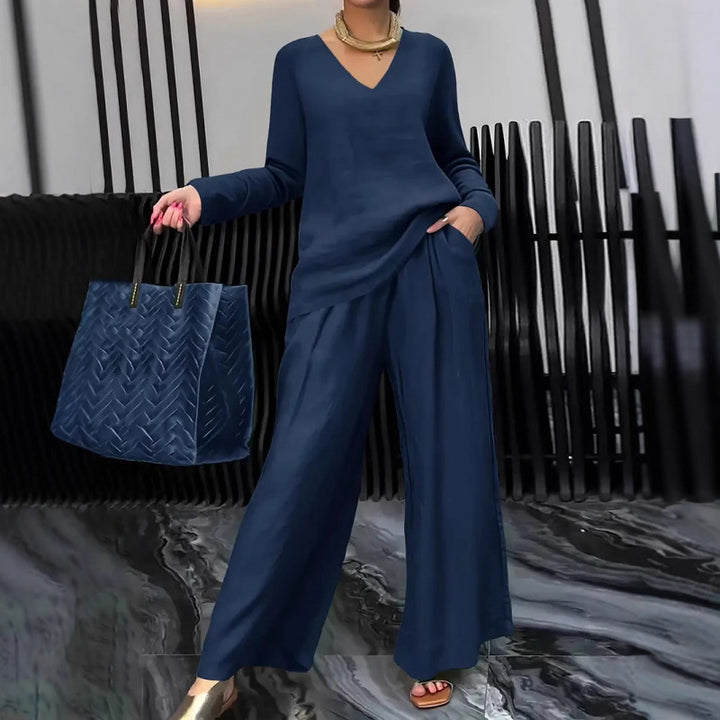 Damen Feiner V-Ausschnitt Strickpullover mit fließender Palazzo-Hose Echo Archiv