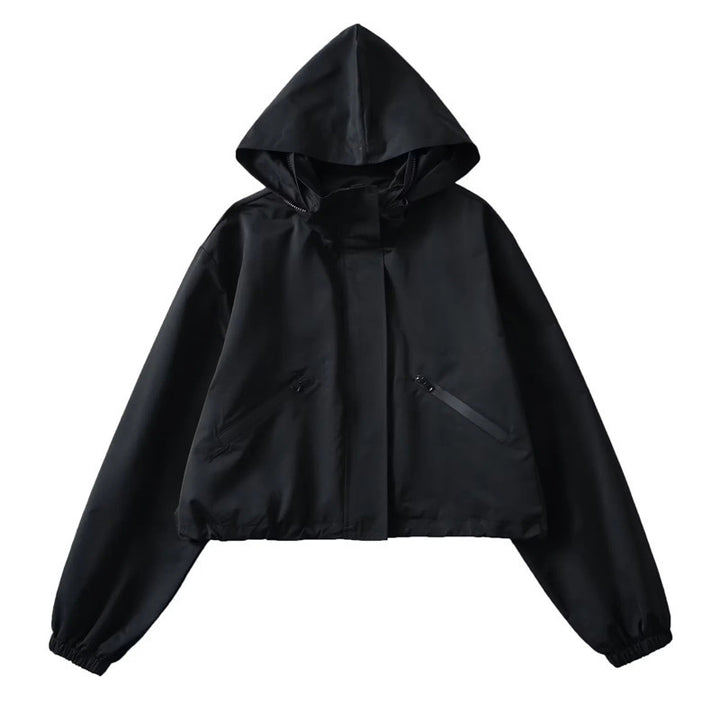 Damen Cropped Regenjacke mit Kapuze, wasserabweisender Tech‑Qualität und schrägen Reißverschlusstaschen Echo Archiv