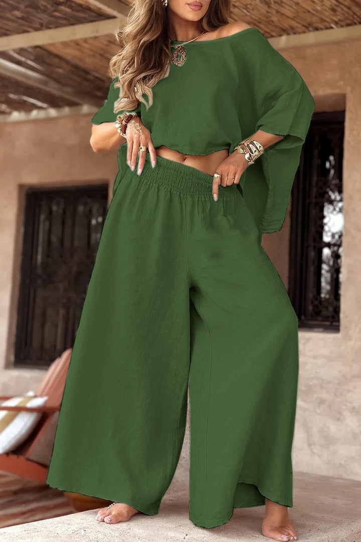 Damen Leinen-Set mit Cropped Oversize-Top und hohem elastischem Bund Palazzohose Echoarchiv