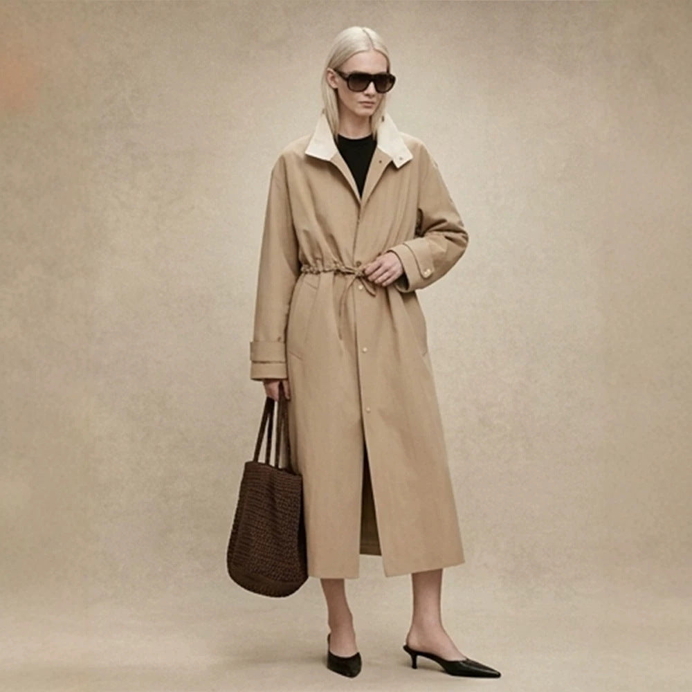 Damen Taillierter Mantel im Trenchcoat‑Stil mit Kordelzug‑Taille und Kontrastkragen Echoarchiv
