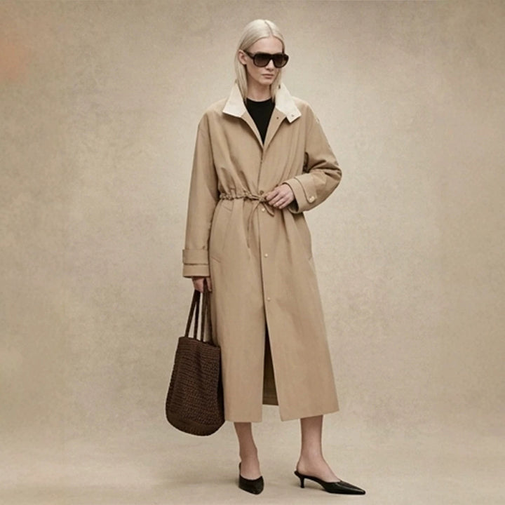 Damen Taillierter Mantel im Trenchcoat‑Stil mit Kordelzug‑Taille und Kontrastkragen Echoarchiv
