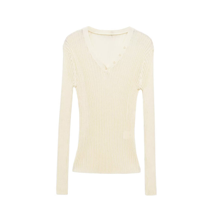 Damen Figurbetontes Rippstrick-Longsleeve mit V-Ausschnitt und Zierknopfleiste Echo Archiv