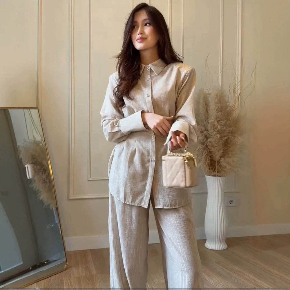 Damen Leichtes Leinen-Loungewear-Set mit Oversize-Hemd und weiter Bundhose Echoarchiv