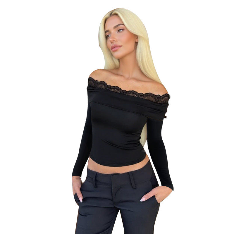 Damen Off-Shoulder Langarm-Top mit Spitzenbesatz und figurbetonter Silhouette – Avérine