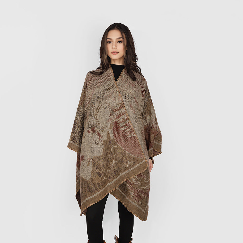Damen Jacquard-Cape mit grafischem Blumenmotiv und kastigem Oversize-Schnitt – Avérine