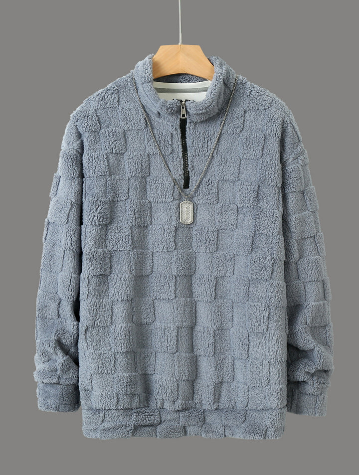 Herren karierter Sherpa-Halbzip-Pullover mit hohem Stehkragen und weicher Teddy-Fleece-Qualität – Cavarno