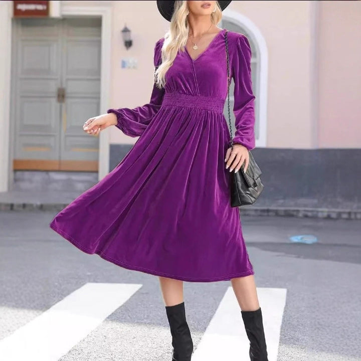 Damen Midikleid aus Samt mit V-Ausschnitt, geraffter Smock-Taille und langen Ballonärmeln – Élara
